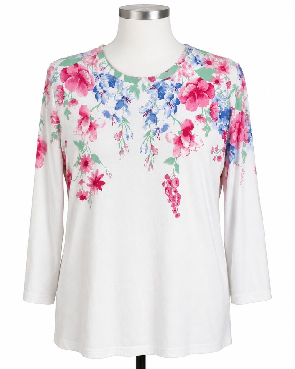 Kim Rogers Top Blouse Womens Sz XL White background with red blue pink flowers